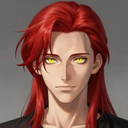 portrait of hisoka morow hunter hunter, 2 0 years old, male, very very sharp jaw yellow eyes very very narrow yellow iris red hair soft hair swept back crimson medium length hair, tom hiddleston, anime highly detailed, digital painting, artstation, concept art, matte, sharp focus, illustration, art by artgerm and greg rutkowski and alphonse mucha