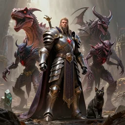 by par olofsson and wayne barlowe, visually stunning, cinematic, ultra realistic, hyper realism, 1 2 k, epic, octane render, unreal engine, vfx, maya, animated armor, archmage's apprentice, renounce darkness, cat trick, unearthed raptor, voodoo master vex, bloodscent vilefin, tyrantus, lesser jasper spellstone, ghoul infestor