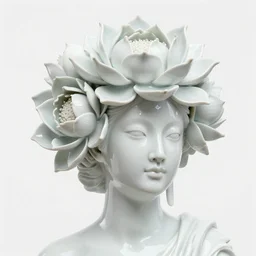 shiny, glazed, porcelain head of a woman, 3 d octane render, high resolution, fine details, the head is covered in giant 3 d white, detailed lotus flowers, by daniel arsham and james jean on a white background