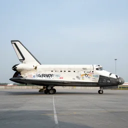 a photo of shuttle full of graffiti, photorealism, wide shot