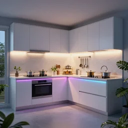 modern kitchen with rgb led strip lighting, homes and gardens, super detailed render, award winning,