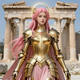 portrait knights of zodiac girl, rose golden color armor, in ruined agora of athens, ssci - fi and fantasy, intricate and very very beautiful and elegant, highly detailed, digital painting, artstation, concept art, frostbite engine, smooth and sharp focus, illustration, art by tian zi and wlop and alphonse mucha