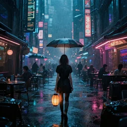 cluttered futuristic city at night, night clubs and neons, rain, girl under lantern, by Sean Foley