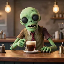 smiling kind zombie drinking coffee behind the bar