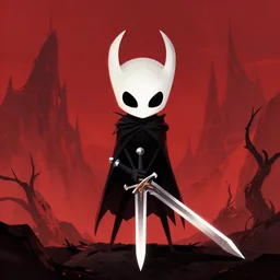 horror art, hollow knight in the middle holding a sword, red peaks in the background, art by greg rutkowski