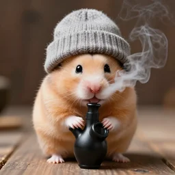 hamster wearing a beanie smoking a bong