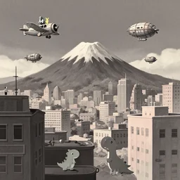 Lofi downtown vibes with charcoal and pastel by Mattias Adolfsson, downtown buildings in the foreground in studio ghibli style, little dinosaur creatures in the foreground by Vincent Di Fate, little animal people flying old airplanes by Ross Tran, small steampunk airships as illustrative art, there is a mountain in the middle of the city, a city surrounds the mountain by Craig Mullins, the mountain is by Jon Mess
