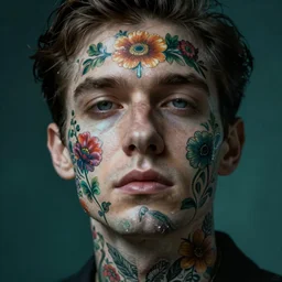 neo-surrealist hyper detailed close-up portrait of man covered in rococo flower tattoos matte painting concept art key sage very dramatic dark teal lighting low angle hd 35mm shallow depth of field 8k