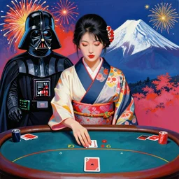 hyperrealistic composition of the detailed woman in a japanese kimono sitting at a extremely detailed poker table with detailed darth vader, fireworks, mount fuji on the background, pop - art style, jacky tsai style, andy warhol style, acrylic on canvas