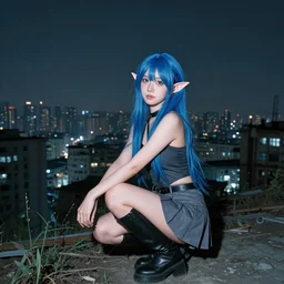 breathtaking award-winning photo of an attractive young asian elf woman with pointy ears and blue hair, wearing a miniskirt and knee-high boots, crouching in an endlessly sprawling hazy abandoned city at night, 8K