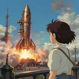 a highly detailed matte painting of a girl watching soviet steampunk rocket launch by studio ghibli, makoto shinkai, by artgerm, by wlop, by greg rutkowski, volumetric lighting, octane render, 4 k resolution, trending on artstation, masterpiece