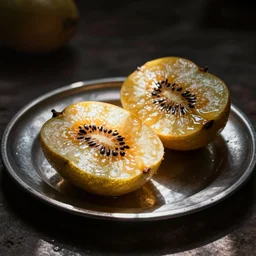 a metal plate of cut fruit
