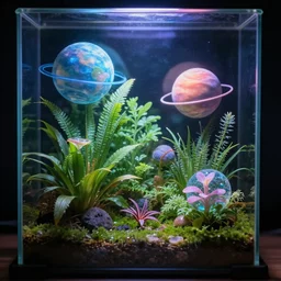 terrarium with plants from a different planet. holographic, beautiful, ethereal