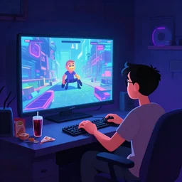 concept illustration of a vfx artist playing video games in front of his large screen tv late at night, style by pixar, brad bird, dark room, neon lighting, junk food, soda