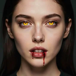 portrait female, bulgasal, face portrait, amber golden eyes, blood in teeth, raphael lacoste, eddie mendoza, alex ross, concept art, matte painting, highly detailed, rule of thirds, dynamic lighting, cinematic, detailed, denoised, centered
