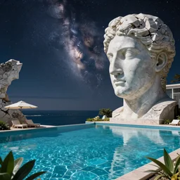 peter tarka, minimalistic, hyperrealistic surrealism, award winning masterpiece with incredible details, epic stunning, infinity pool, a surreal vaporwave liminal space, highly detailed, trending on ArtStation, artgerm and greg rutkowski and alphonse mucha, daily deviation, IAMAG, broken giant marble head statue ruins, nightscape, milkyway