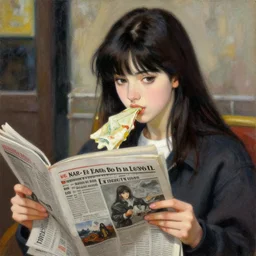 portrait eating girl, streetwear, reads newspaper, detail beautiful face, manga style, oil painting by j. c. leyendecker