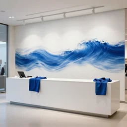 a photo of the department store counter, waves as a design concept, white paint and various blues cloth, modernism, minimalism, wide angle, cinematic, 8 k, wave, concept art, trending on artstation, gorgeous
