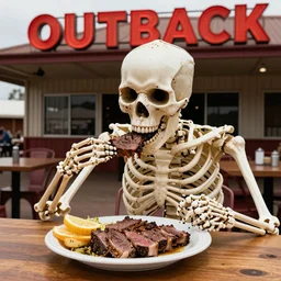 Skeleton eating at Outback Steakhouse