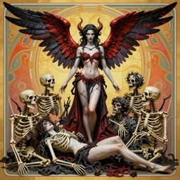a beautiful fallen angel, full body figure, 6 wings, in hell, surrounded by skeletons, by eve ventrue, michael carson, andreas rochas, john watkiss, caseyweldon, artgerm. art nouveau. rococo, strip background. vivid colors, octane rendering