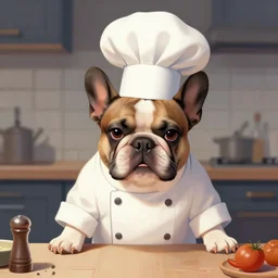 stressed french bulldog chef, digital painting rebrandt lighting