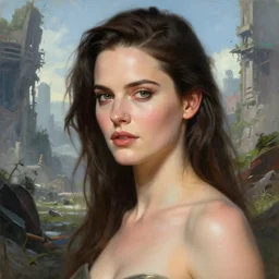 Portrait of Eva Green in a post apocalyptic world, overgrown city, fantasy, high detail, elegant, digital painting, natural light, vibrant, intricate, textured skin, highly detailed, artstation, sharp, focus, illustration, by Anna Dittmann, Ilya Kuvshinov, Nikolay Makovsky
