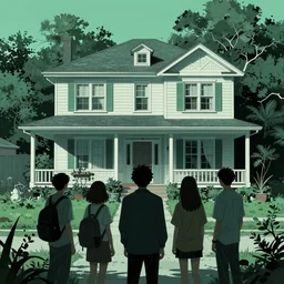 people looking at a house, portrait size, cinematic, dramatic, super detailed and intricate, by koson ohara, by darwyn cooke, by greg rutkowski, by satoshi kon, sea green color scheme
