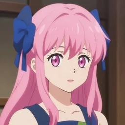 pink - haired girl with blue ribbons in her hair, anime, kyoto animation, magical, sharp