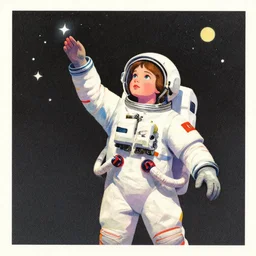 ( ( dither ) ), editorial illustration portrait of a young astronaut girl reaching for the stars, colorful modern, roger broders, hein schulz neudamm, ( ( giuseppe riccobaldi ) ), fine texture, dynamic pose, detailed, matte print, muted color, lomography, dramatic lighting, ( ( risograph ) )