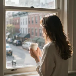 “ a girl holding a cup of coffee looking out a window overlooking the east village in new york city, morning light, by gregory crewdson ”
