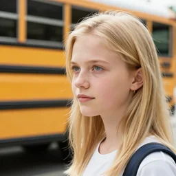 a blonde girl waiting for the school bus, detailed face, sunny