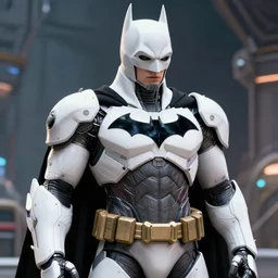 high intricate batman cyborg with white sci - fi armor and black garment, space harbor, maria panfilova, andrea savchenko, mike kime, ludovic plouffe, qi sheng luo, oliver cook, julian calle, eddie mendoza, trending on artstation