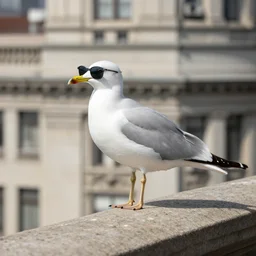 a seagull on a building wearing sunglasses