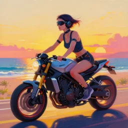 a beautiful vibrant painting of a cyberpunk woman riding a motorcycle on the beach at golden hour sunset, by jakub rozalski by beeple by dan mumford, vaporwave color scheme