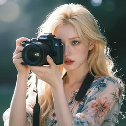 pale young woman with bright blonde hair, freckles, blue eyes and a wide face, flowery dress, she is holding a professional dslr camera close to her face, dramatic lighting, bright flare, surreal art by anna nikonova