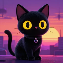 vaporwave black cat, vaporwave sunset background, 4K, high octane, hyper realistic