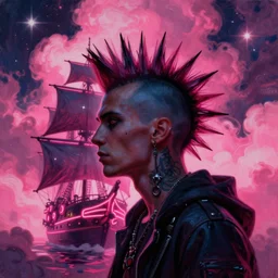 space, portrait big dark punk, illustration, punk mohawk, stars, pink, neon, oil painting, rich deep colors masterpiece, pirate neon ship, ultra detailed, contrast, heaven pink, clouds, volumetric light, atmospheric lighting, dramatic, cinematic, moody, octane render 4 k, 8 k