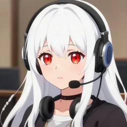 anime portrait of white long haired red eyed young cute girl wearing headset