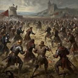 A dramatic painting of a brutal and violent medieval battlefield, armies fighting, character art, concept art, character design, cinematic, hyper detailed, matte painting, Bayard Wu, Greg Rutkowski, Cedric Peyravernay, Anato Finnstark, artstation, 8k