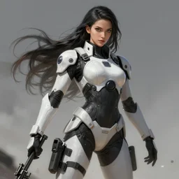 , long hair special force female wearing futuristic white and black tactical gear, armor, armed, return from the battlefield, intricate, highly detailed, digital painting, artstation, glamor pose,, smooth, sharp focus, illustration, concept art by wlop and greg rutkowski