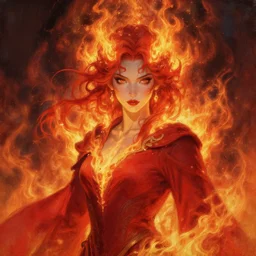 painting by krenz cushart!!, portrait of a beautiful fire princess standing in fire, red hair on fire, red cloak, finely detailed features, intricate brush strokes, beautiful lighting, trending on pixiv fanbox.