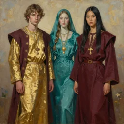 william russell flint and ruan jia painting of male and female fashion, androgyny, gold and teal and burgundy colors, settler garb, westworld vibes.