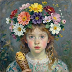 A cornucopia of many-hued flowers blossoming from a young girl's face, painted by Édouard Manet