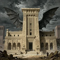 new york city being rebuilt as mesopotamian architecture. dark bat wings, atmospheric, stormy weather, piranesi, gustave dore, italy 1 8 1 6