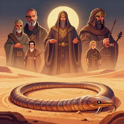 a sandworm on arrakis, god emperor of dune, shai hulud by david a hardy, noriyoshi ohrai, gary ruddell, greg rutkowski, # pixelart, pixel art highly detailed, cinematic composition, trending on artstation