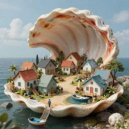 sci-fi scene of tiny fishing village where the houses are made of giant seashells by john harris
