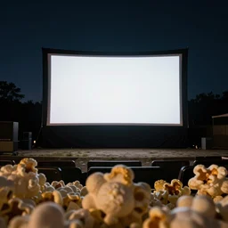 outdoor cinema screen with giant popcorn kernels at night symmetrical rule of thirds
