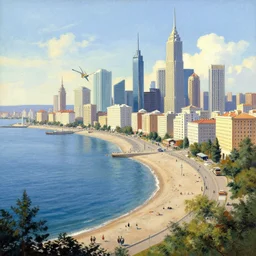 the city of the future by the sea in the style of soviet realism