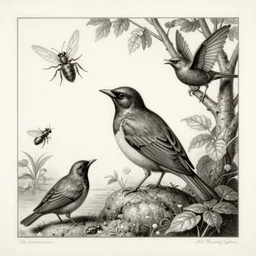 MC Escher lithograph 3 color print of starlings and insects, murmur,