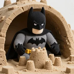 a closeup photorealistic image of a large knitted batman guarding his batcave sandcastle during sunset at the beach Trending on artstation, featured on Behance, well-rendered, Unreal Engine, 4K HD